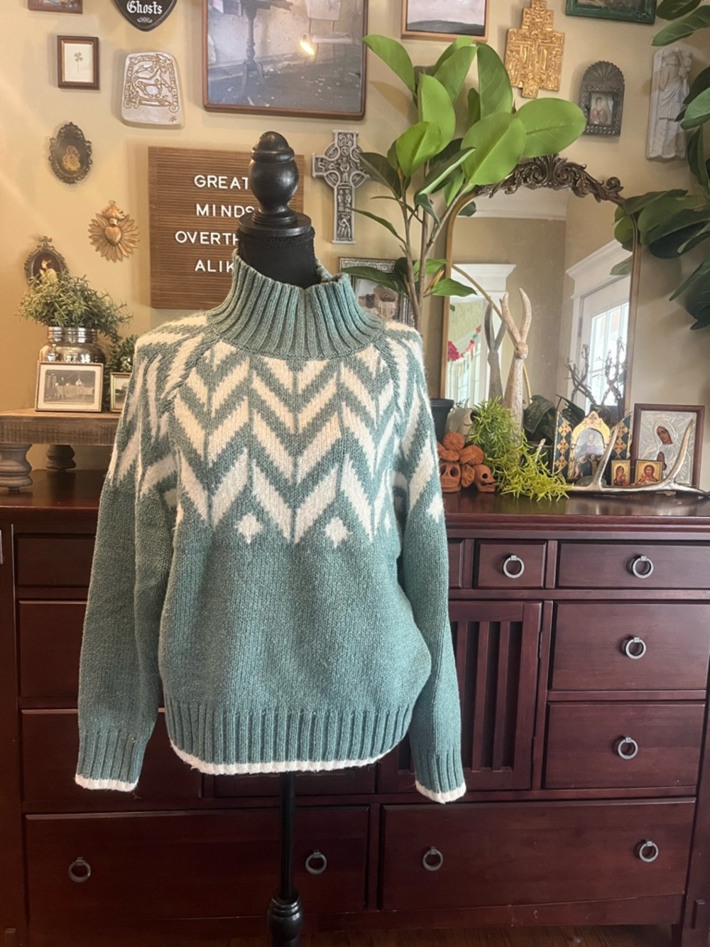 a new day Sage Green & White Cowl Neck Patterned Sweater